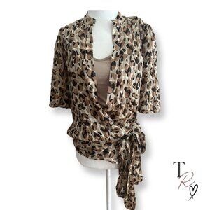 BCBGMaxAzria Silk Abstract Animal Print True Wrap Blouse Cream & Brown Small